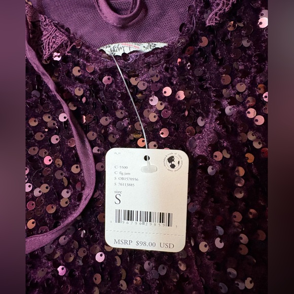 NWT Free People Sequined & Lace Spaghetti Strap Dress in Deep Plum - Picture 6 of 7